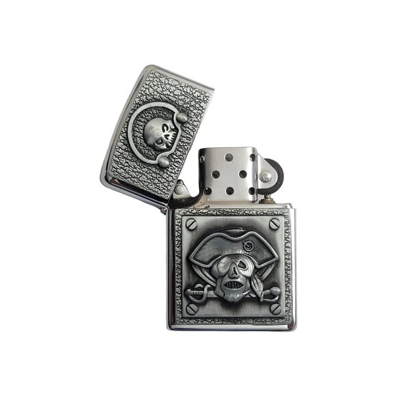 Antique Silver Finish Metal Pirate Skulls Lighter Belt Buckle - - Picture 8 of 10